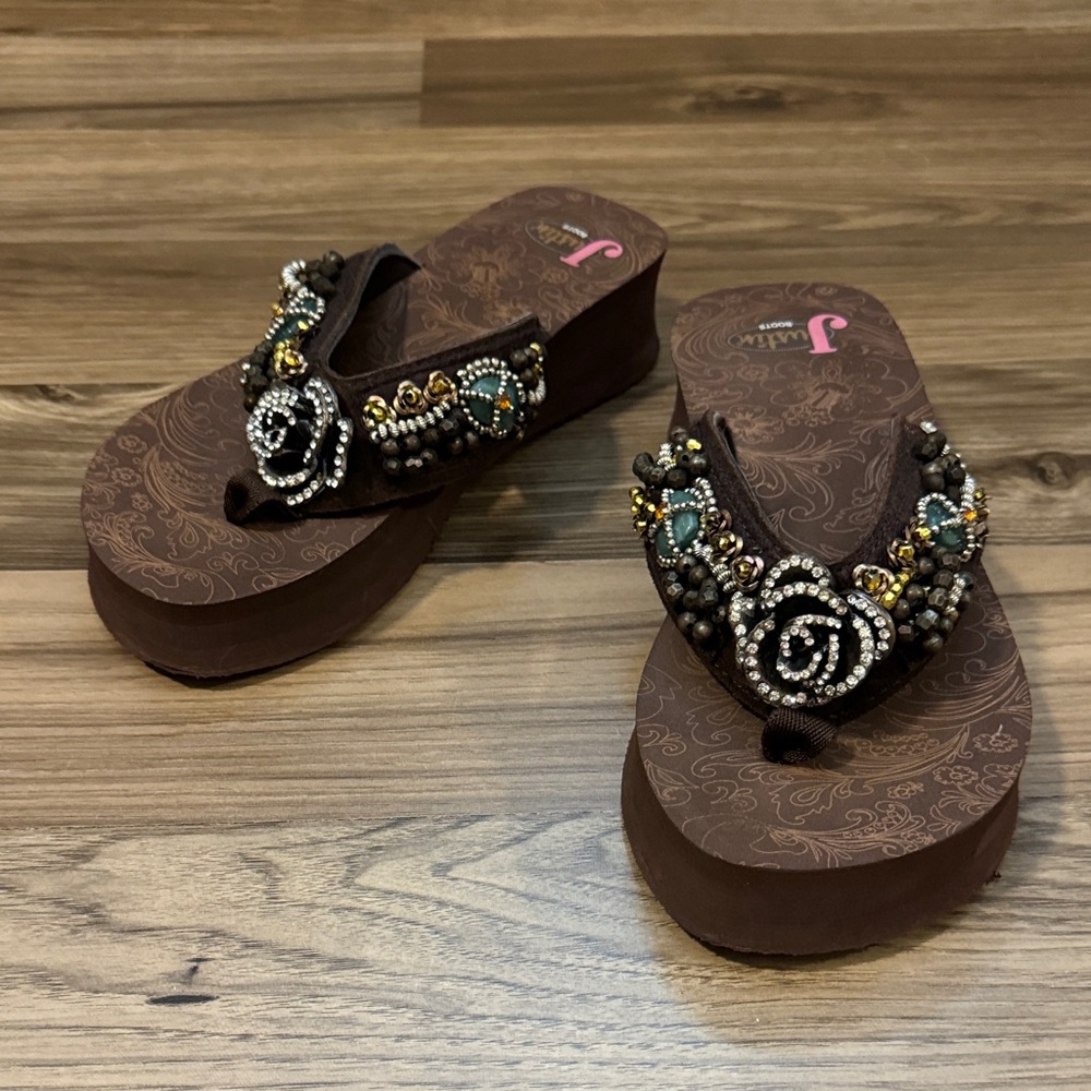 Justin Boots Jade Brown Rhinestones Beaded Platform Wedge Sandals Dustbag 7 - Picture 3 of 12